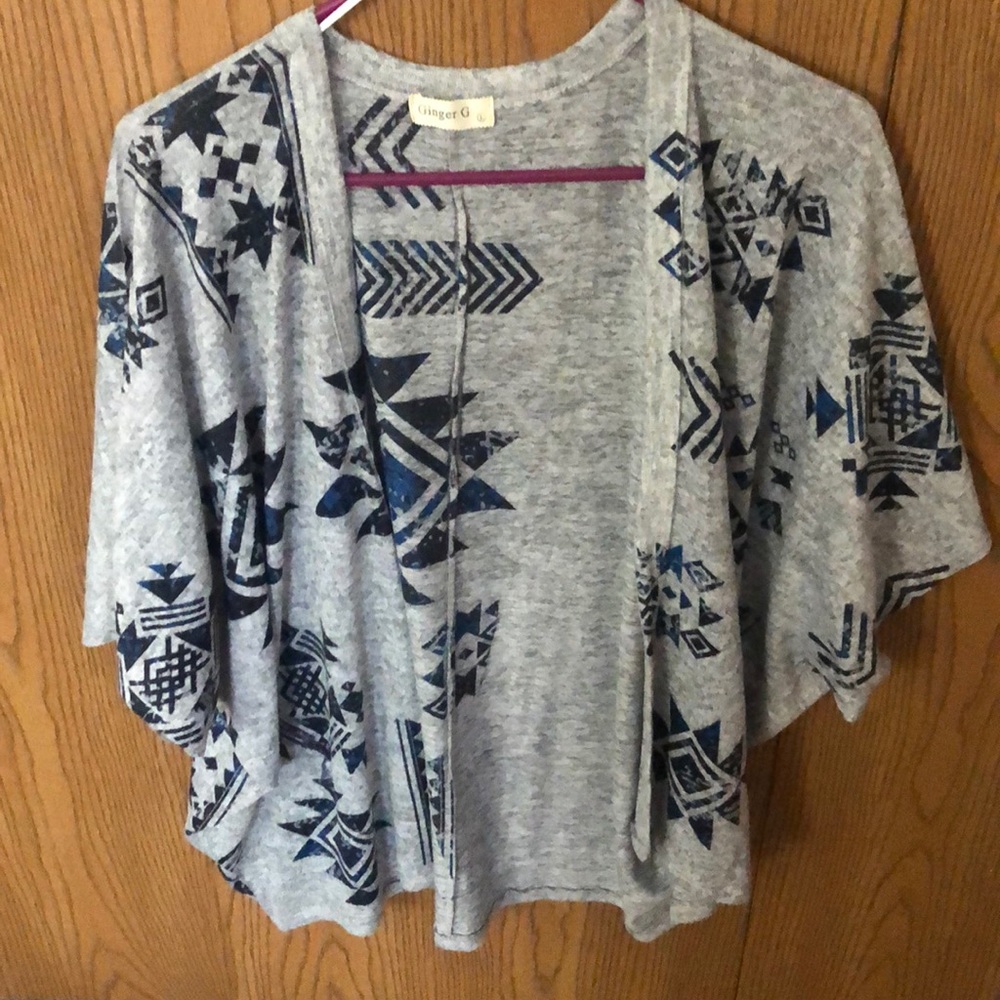 Gray with Aztec blue pattern sweater shrug